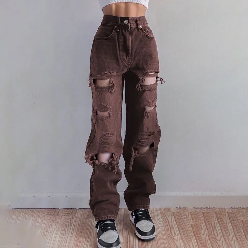 Amy Fashion - Brown Ripped Vintage Woman Distressed Jeans