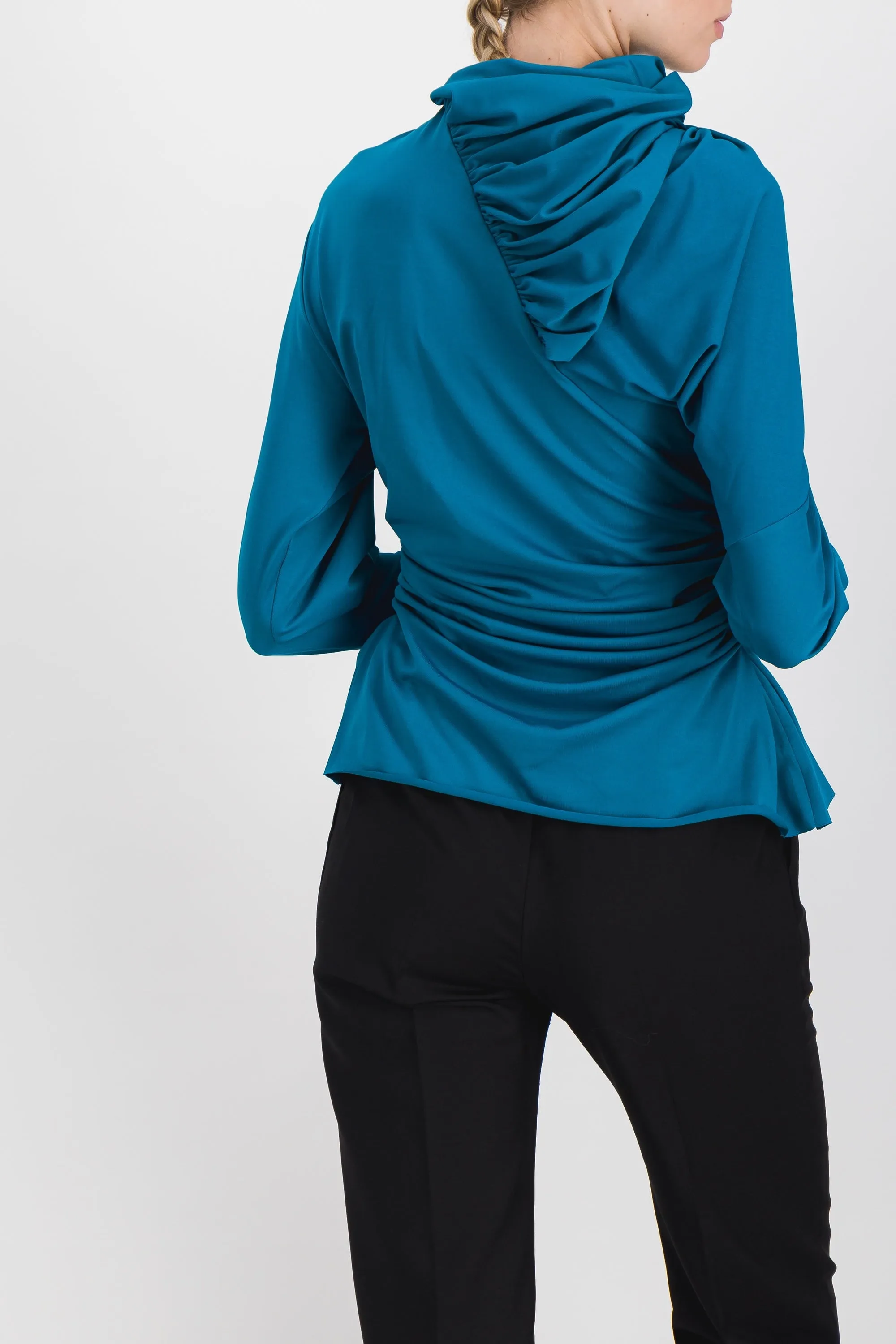 Asymmetric draped long sleeved soft seaqual top