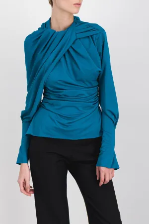 Asymmetric draped long sleeved soft seaqual top