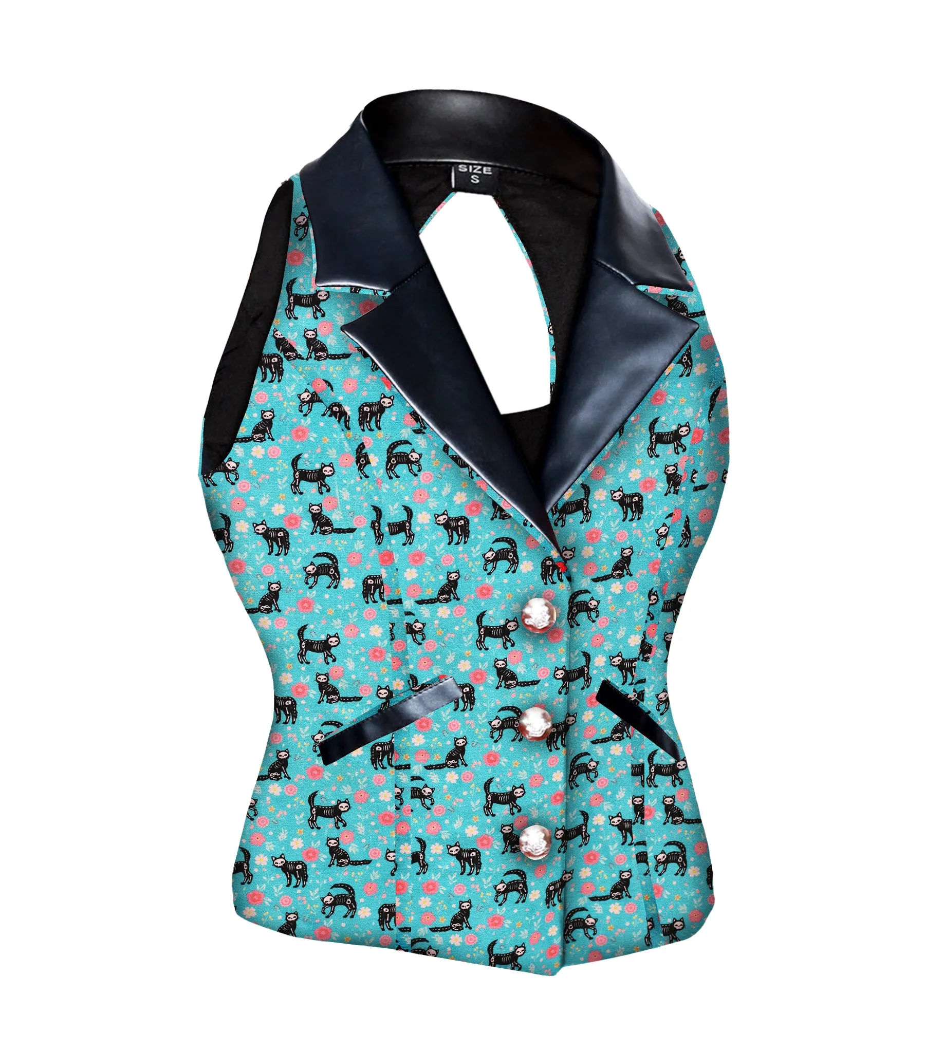 Camille Cat Printed Fabric Notch Collar Waistcoat