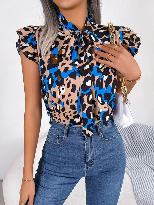 Cap Sleeve Loose Leopard Statement Collar Vest Top