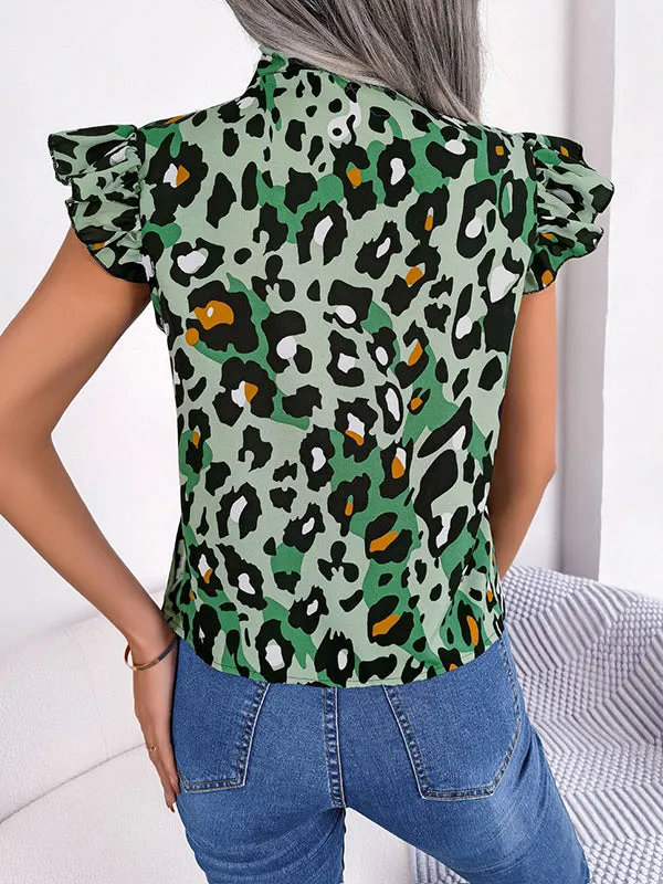 Cap Sleeve Loose Leopard Statement Collar Vest Top