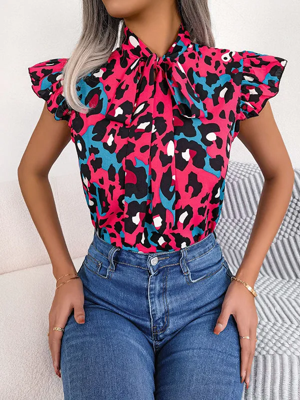 Cap Sleeve Loose Leopard Statement Collar Vest Top