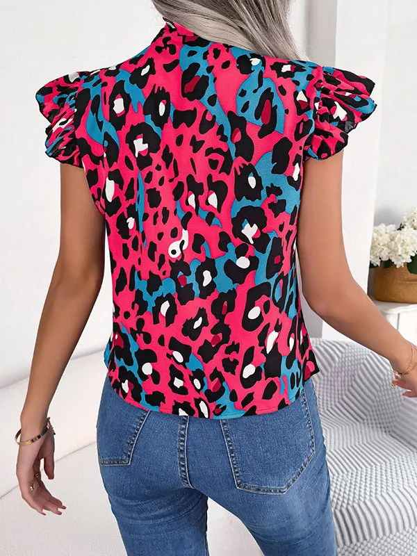 Cap Sleeve Loose Leopard Statement Collar Vest Top