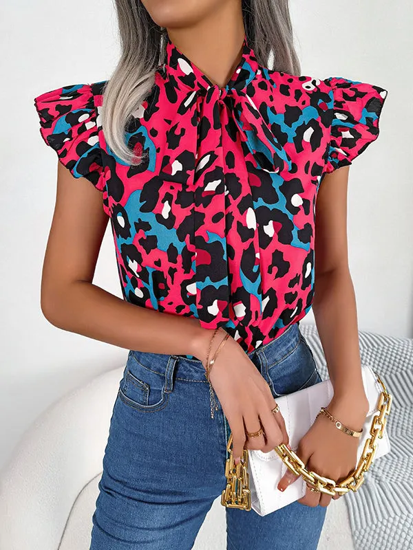 Cap Sleeve Loose Leopard Statement Collar Vest Top