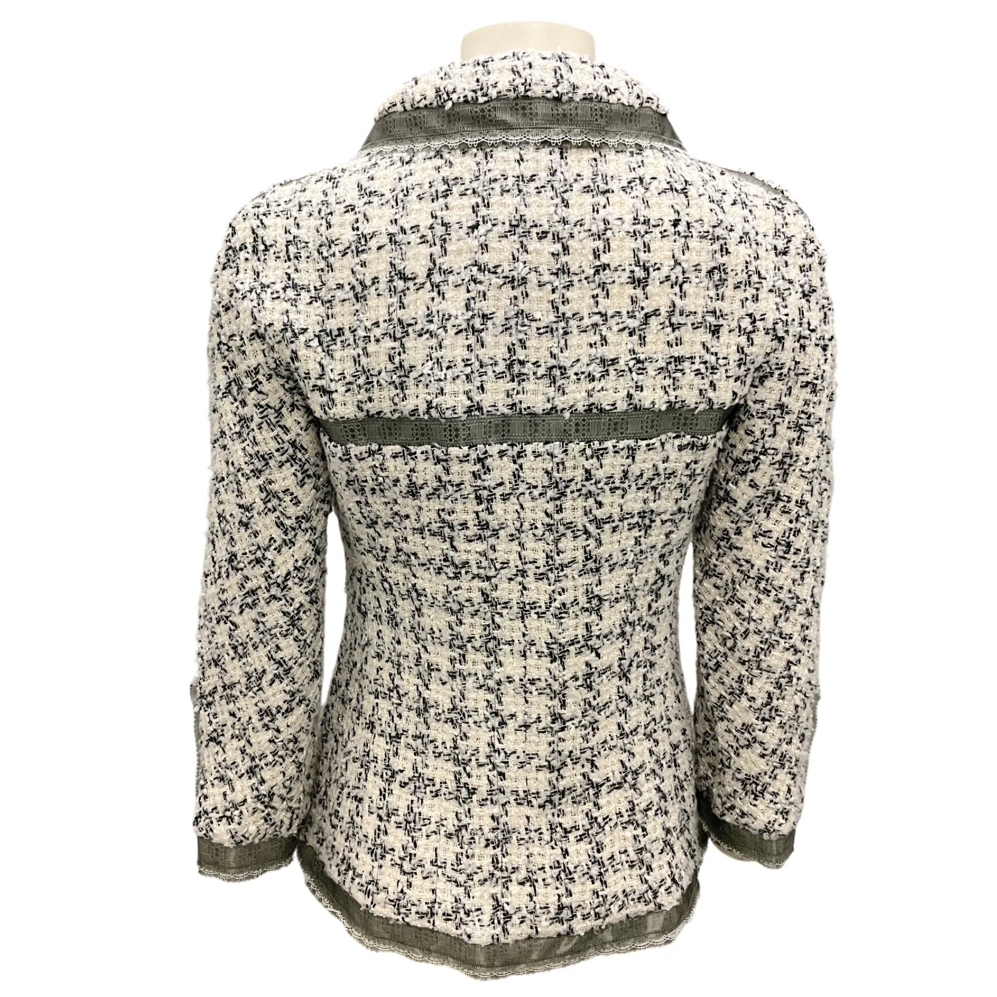 Chanel Ivory / Black / Grey 2009 Ribbon Trimmed Boucle Tweed Jacket