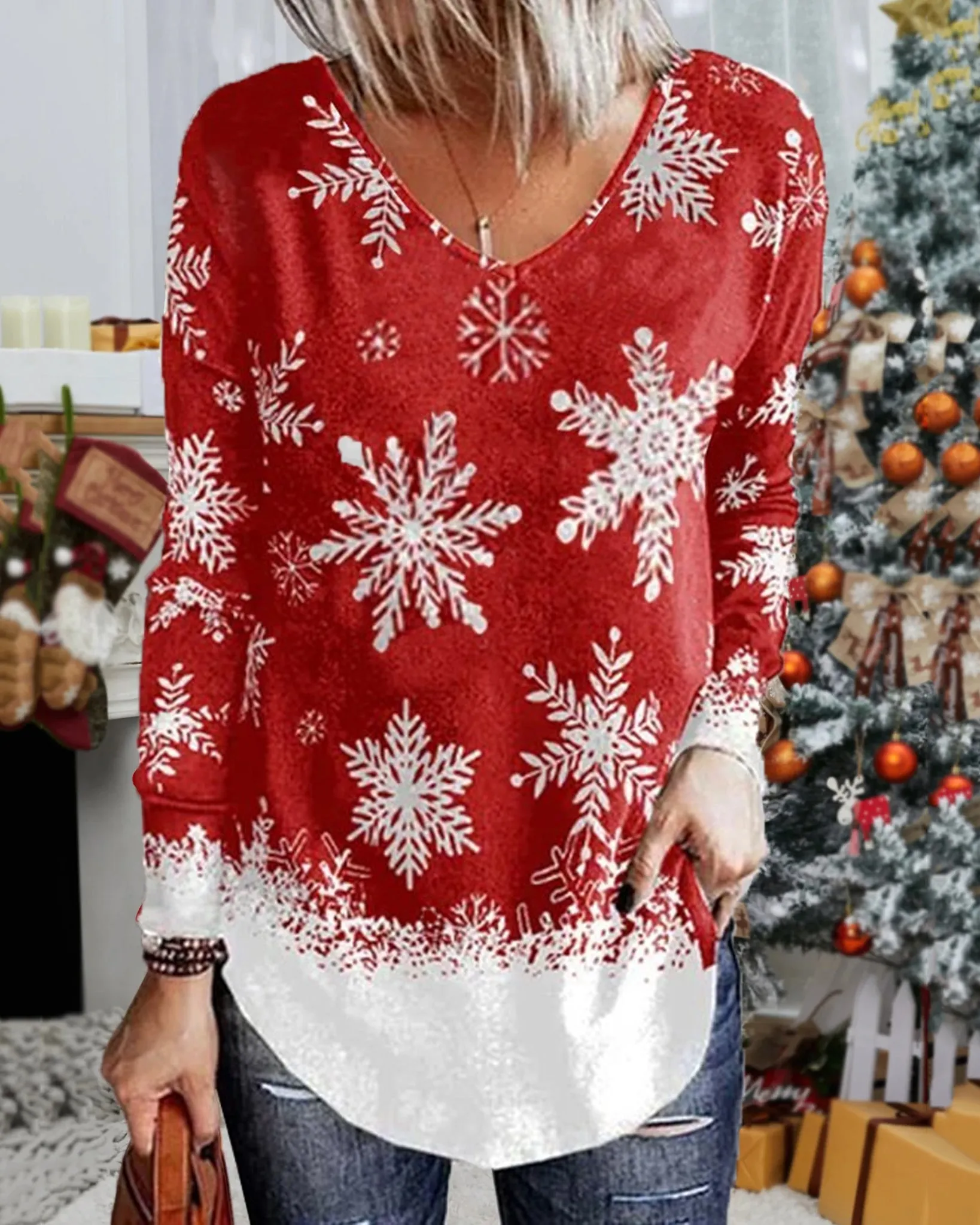 Christmas Print Casual Long Sleeve Loose T-Shirt