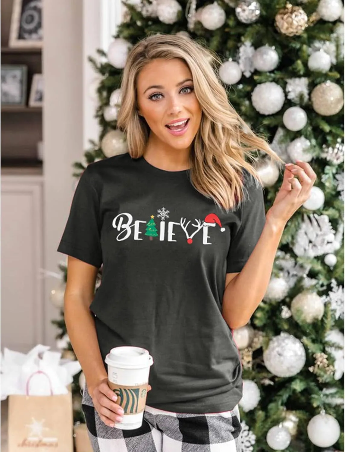 Christmas Shirt for Women Believe Letter Print T Shirts Xmas Holiday Short Sleeve