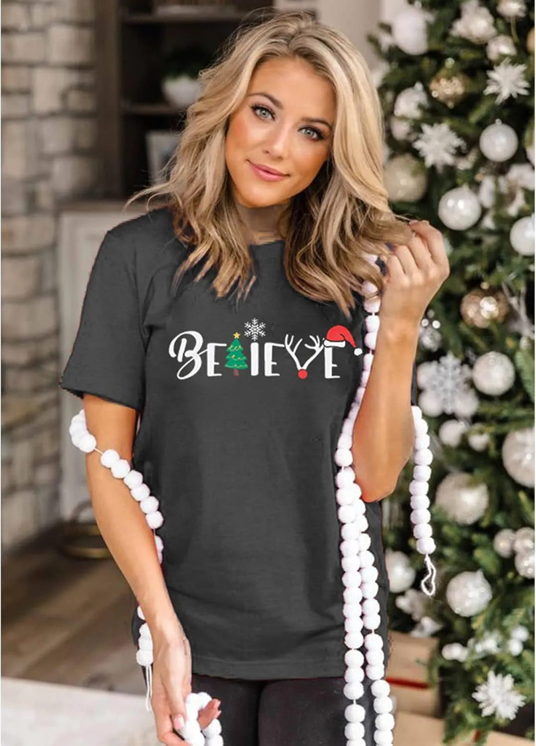 Christmas Shirt for Women Believe Letter Print T Shirts Xmas Holiday Short Sleeve