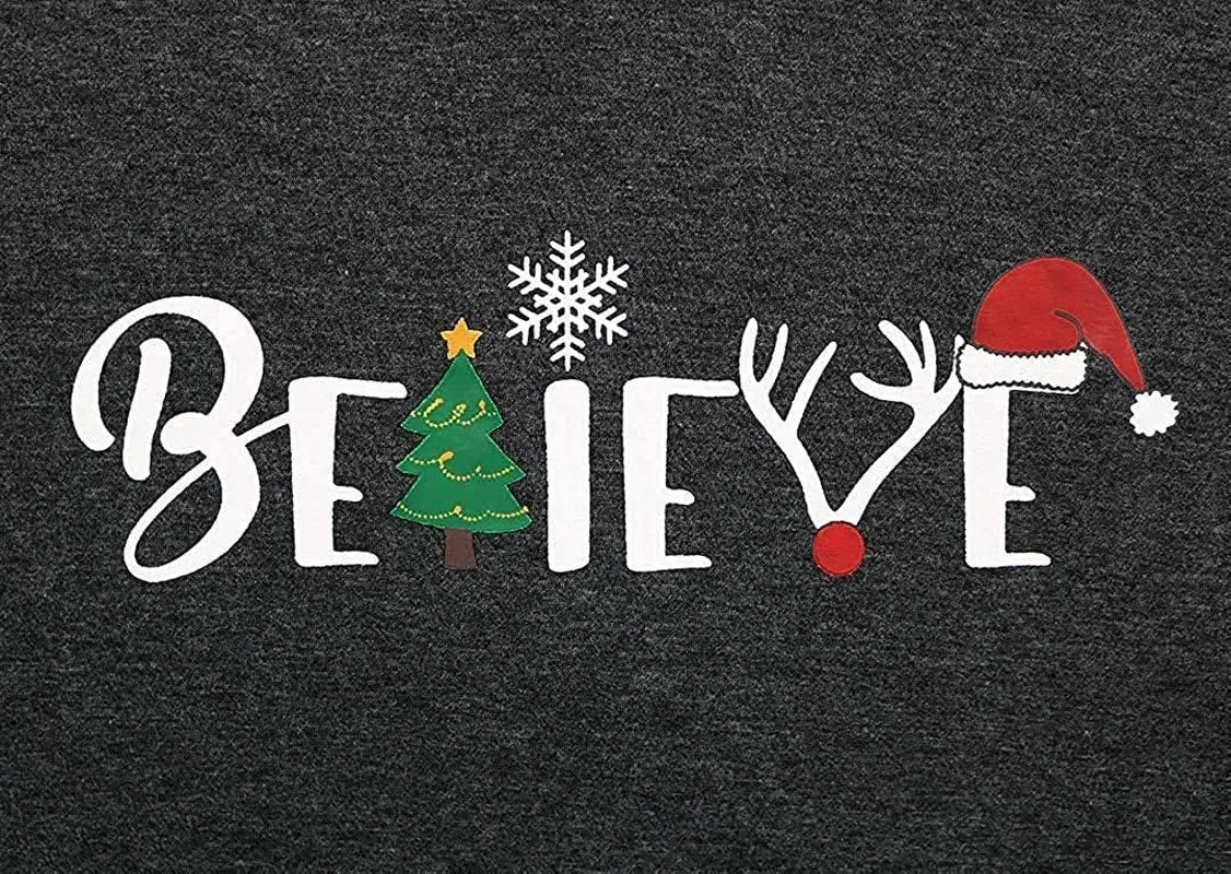 Christmas Shirt for Women Believe Letter Print T Shirts Xmas Holiday Short Sleeve