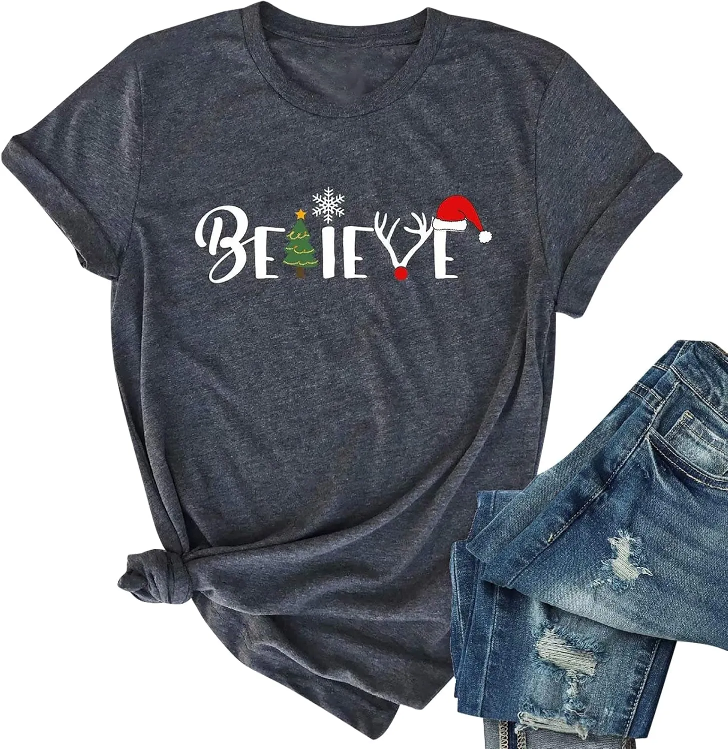 Christmas Shirt for Women Believe Letter Print T Shirts Xmas Holiday Short Sleeve