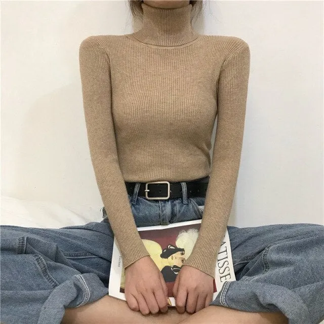 deanwangkt Turtleneck Pullovers Sweaters Women  Autumn Winter Primer Shirt Long Sleeve Short Slim-fit tight Jumper Tops Solid