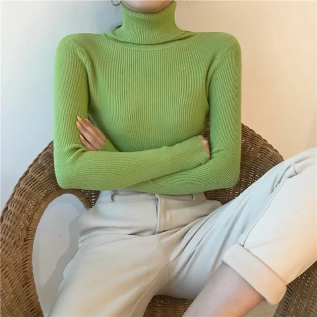 deanwangkt Turtleneck Pullovers Sweaters Women  Autumn Winter Primer Shirt Long Sleeve Short Slim-fit tight Jumper Tops Solid