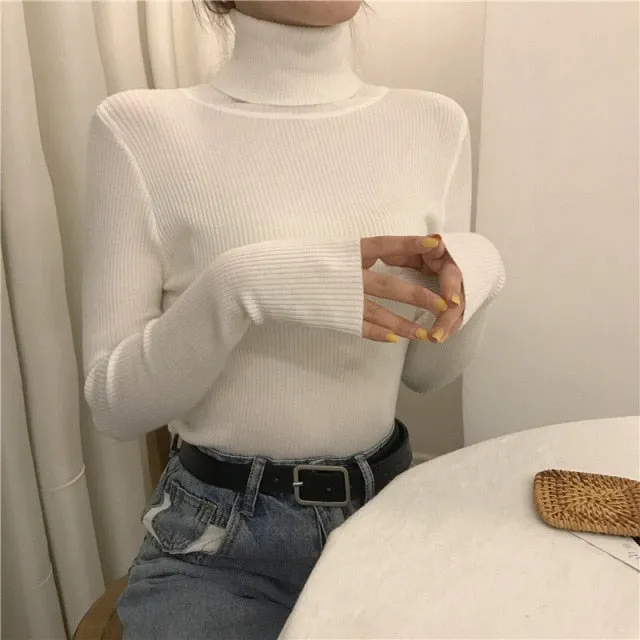 deanwangkt Turtleneck Pullovers Sweaters Women  Autumn Winter Primer Shirt Long Sleeve Short Slim-fit tight Jumper Tops Solid