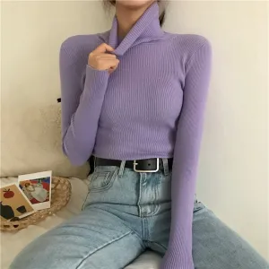 deanwangkt Turtleneck Pullovers Sweaters Women  Autumn Winter Primer Shirt Long Sleeve Short Slim-fit tight Jumper Tops Solid