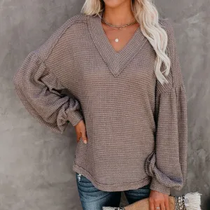 Fashion all-match loose V-neck sweater lantern sleeve top