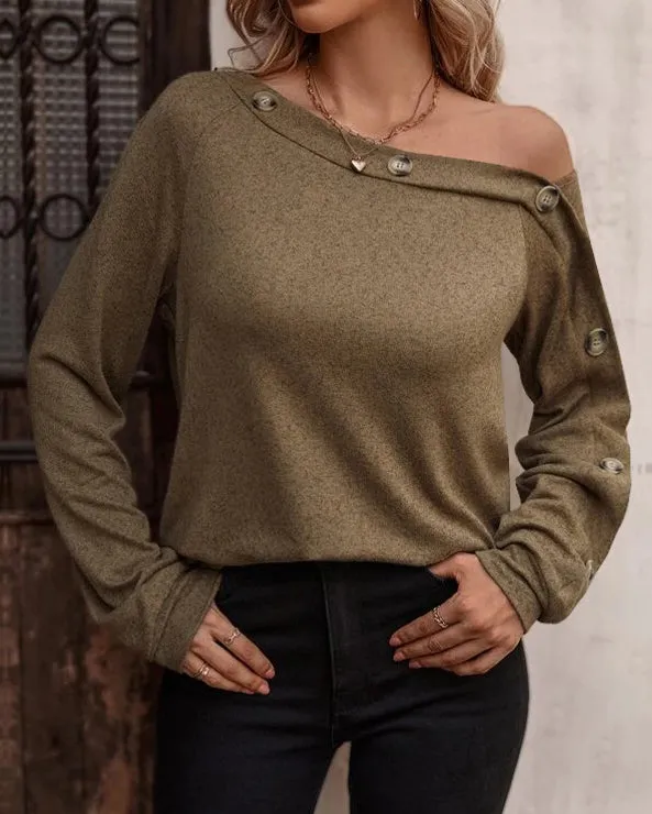 Fashion Button Off Shoulder Long Sleeve T-Shirt