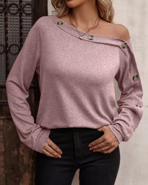 Fashion Button Off Shoulder Long Sleeve T-Shirt