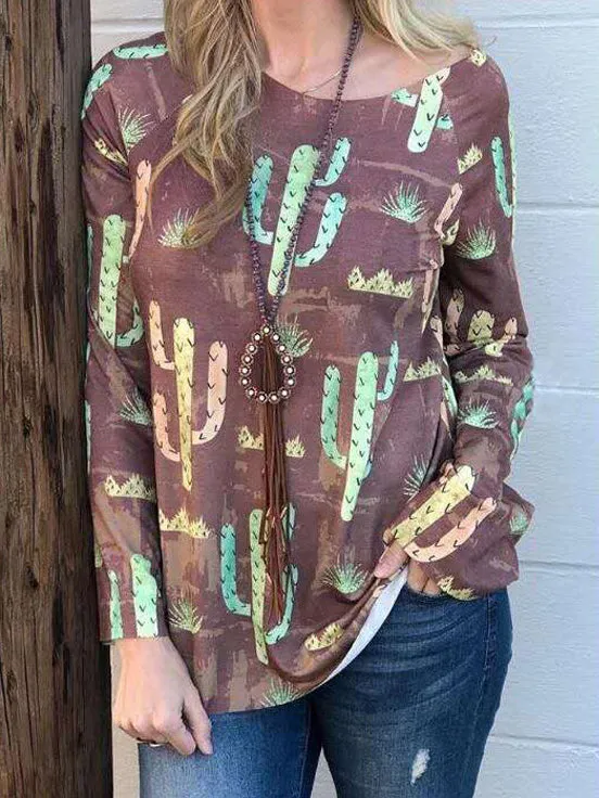 Fashion Cactus Print Plus Size Long Sleeve Top