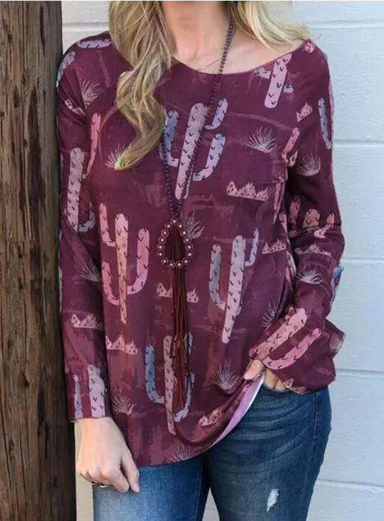 Fashion Cactus Print Plus Size Long Sleeve Top