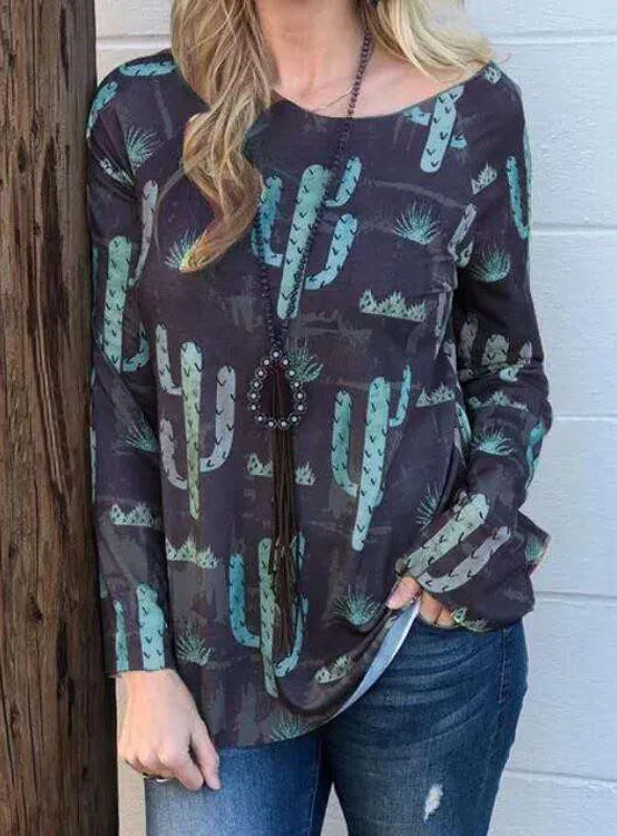 Fashion Cactus Print Plus Size Long Sleeve Top