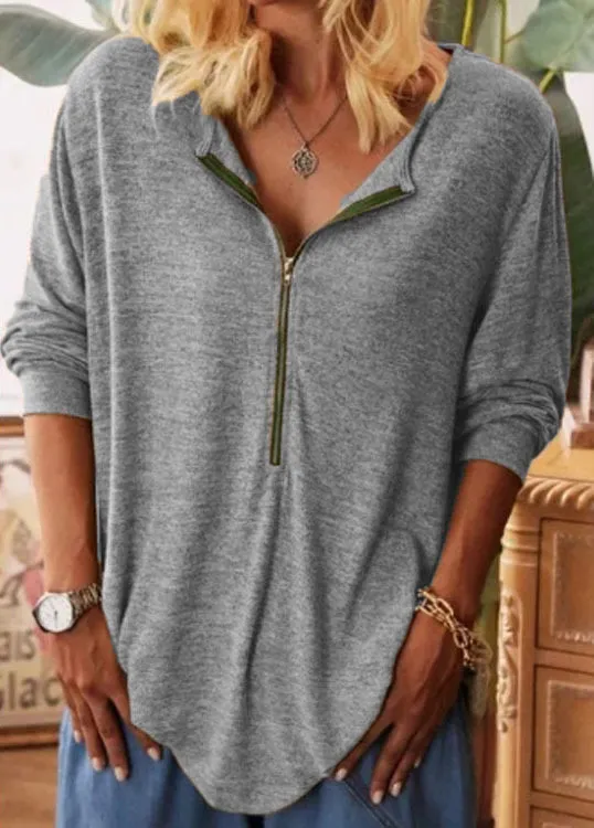 Fashion casual all-match zipper solid color long sleeve t-shirt women