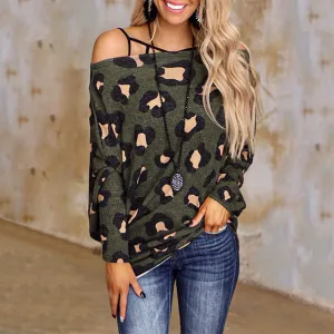 Fashion casual leopard print long-sleeved loose casual top