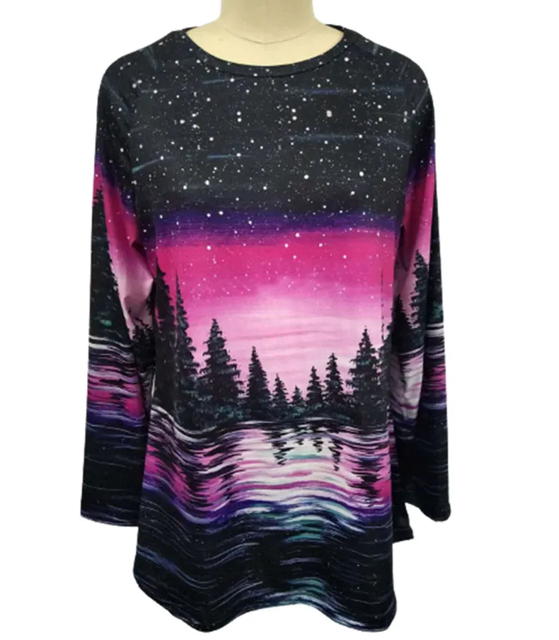 Fashion casual round neck landscape forest print long-sleeved pullover