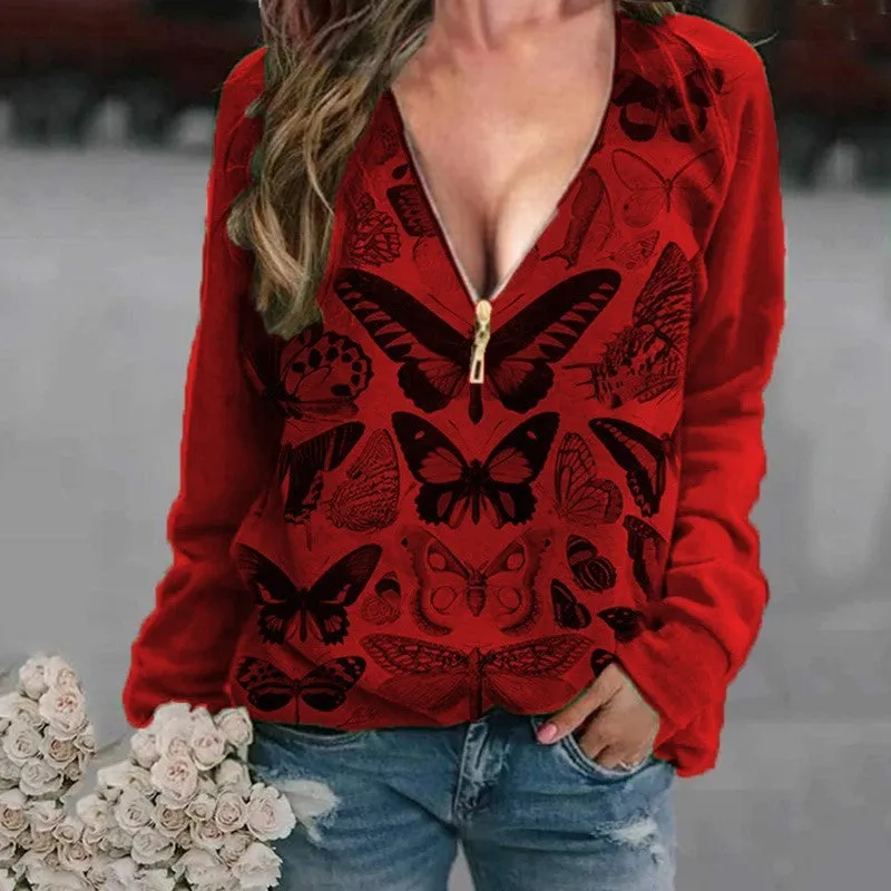 Fashion casual sexy butterfly print pullover zipper V-neck long sleeve blouse