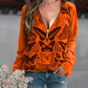 Fashion casual sexy butterfly print pullover zipper V-neck long sleeve blouse