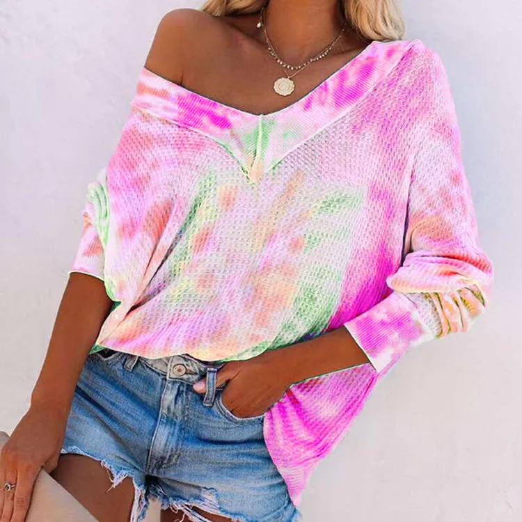 Fashion casual spring and summer stitching tie-dye colorful long-sleeved top