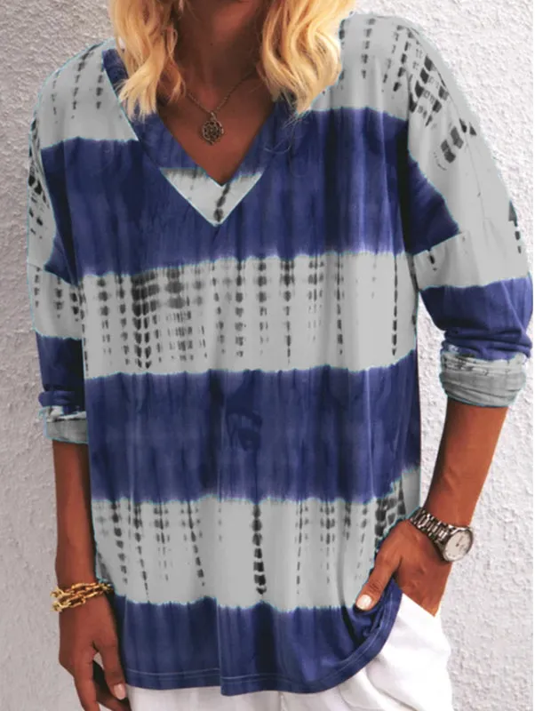 Fashion casual tie-dye stripes printed V-neck long-sleeved T-shirt women