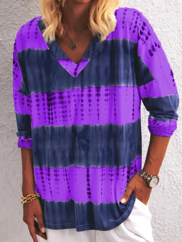 Fashion casual tie-dye stripes printed V-neck long-sleeved T-shirt women