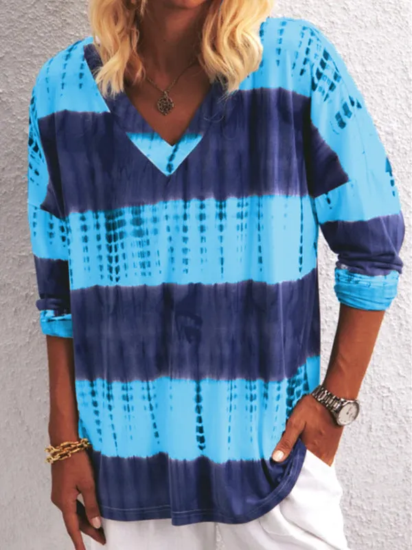 Fashion casual tie-dye stripes printed V-neck long-sleeved T-shirt women