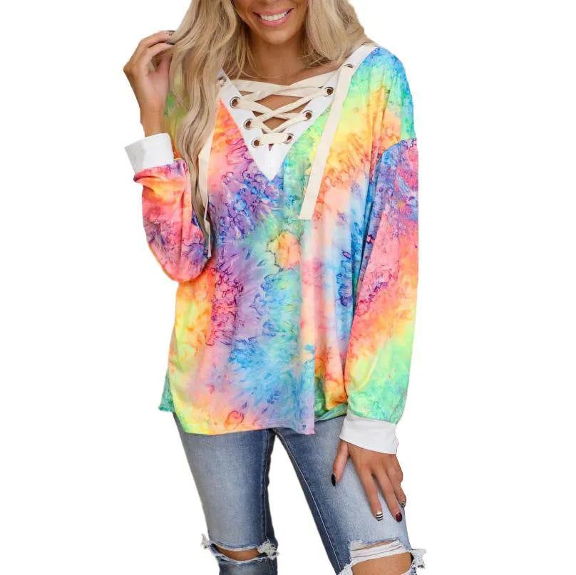 Fashion cool tie-dye printing long-sleeved V-neck tie casual T-shirt top