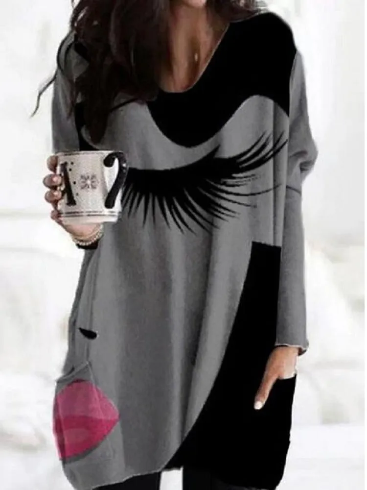 Fashion Loose Lengthened V-neck Printed Irregular Hem Long Sleeve Top