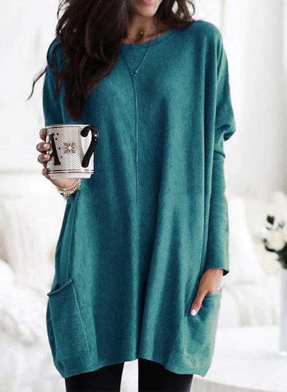 Fashion simple and versatile pocket round neck long sleeve top