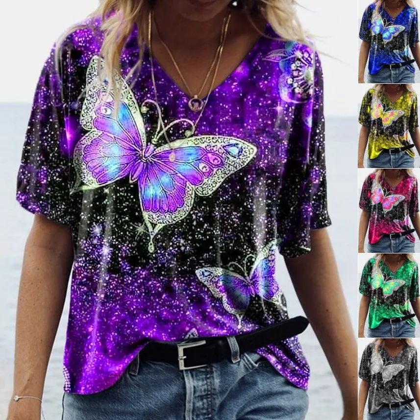 Fashionable five-point sleeve butterfly print top