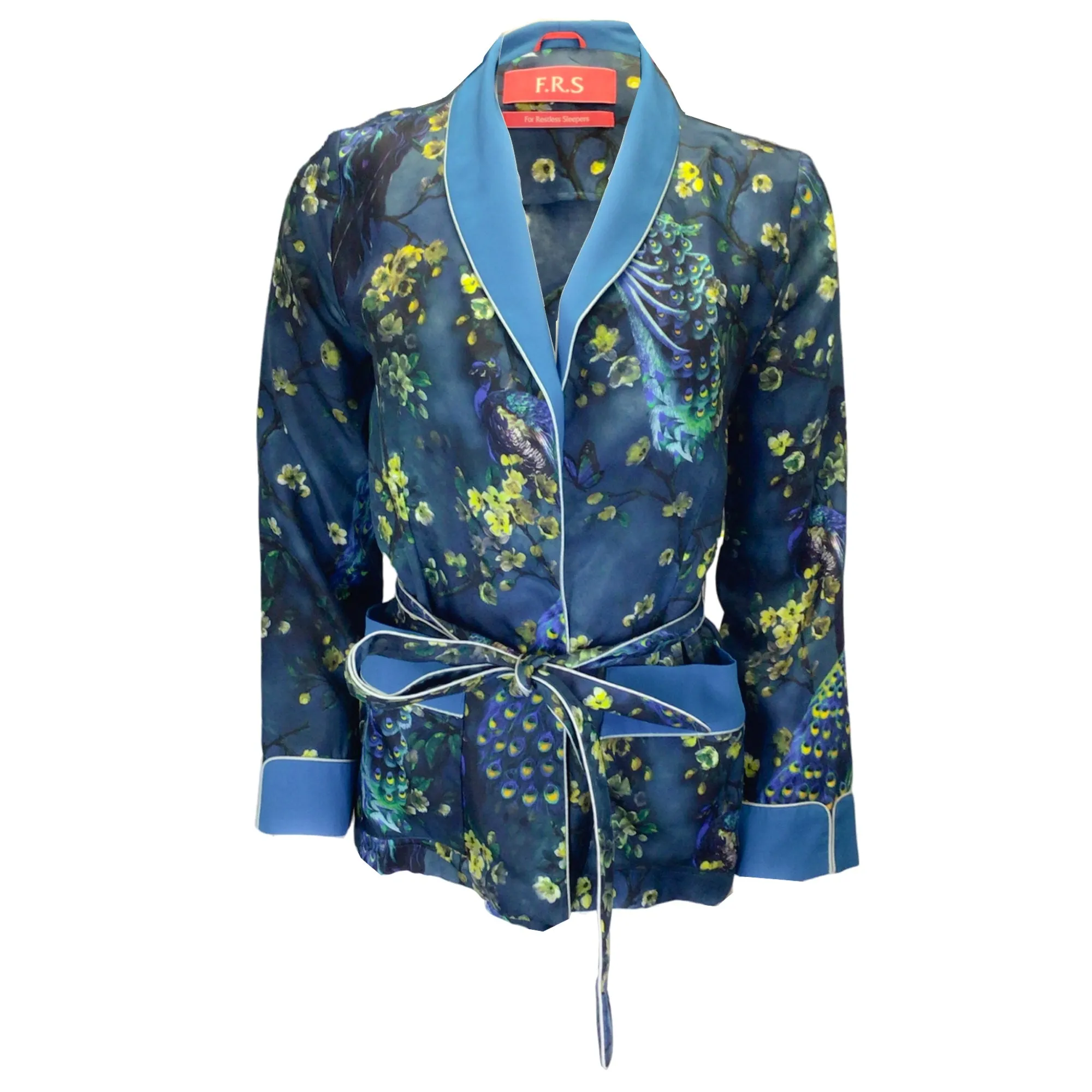 F.R.S For Restless Sleepers Blue / Green Multi Floral Peacock Printed Belted Silk Jacket