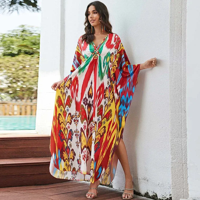 Greek Kaftan High Waist Maxi Abaya Dresses with Batwing Sleeve for Women