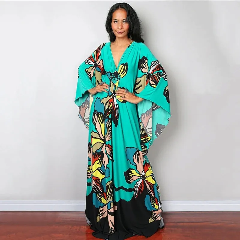 Greek Kaftan High Waist Maxi Abaya Dresses with Batwing Sleeve for Women