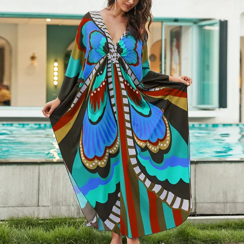 Greek Kaftan High Waist Maxi Abaya Dresses with Batwing Sleeve for Women