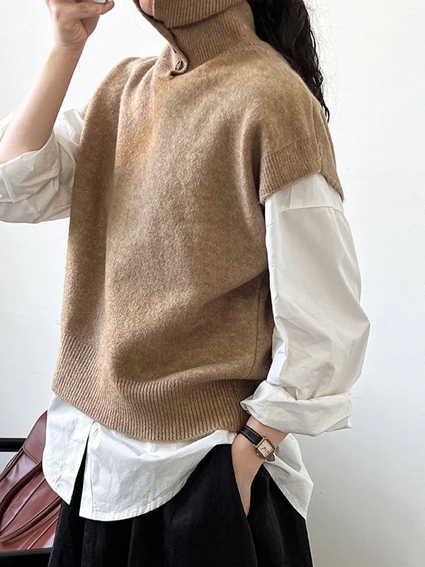 Loose Sleeveless Buttoned High Neck Sweater Vest Top