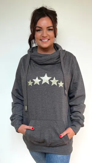 Luxury Cowl Neck Multi Glitter Star Hoodie - Charcoal