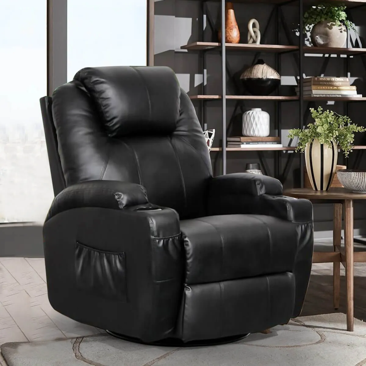 Massage Recliner Chair Faux Leather Ergonomic Lounge Heated Chair, Black