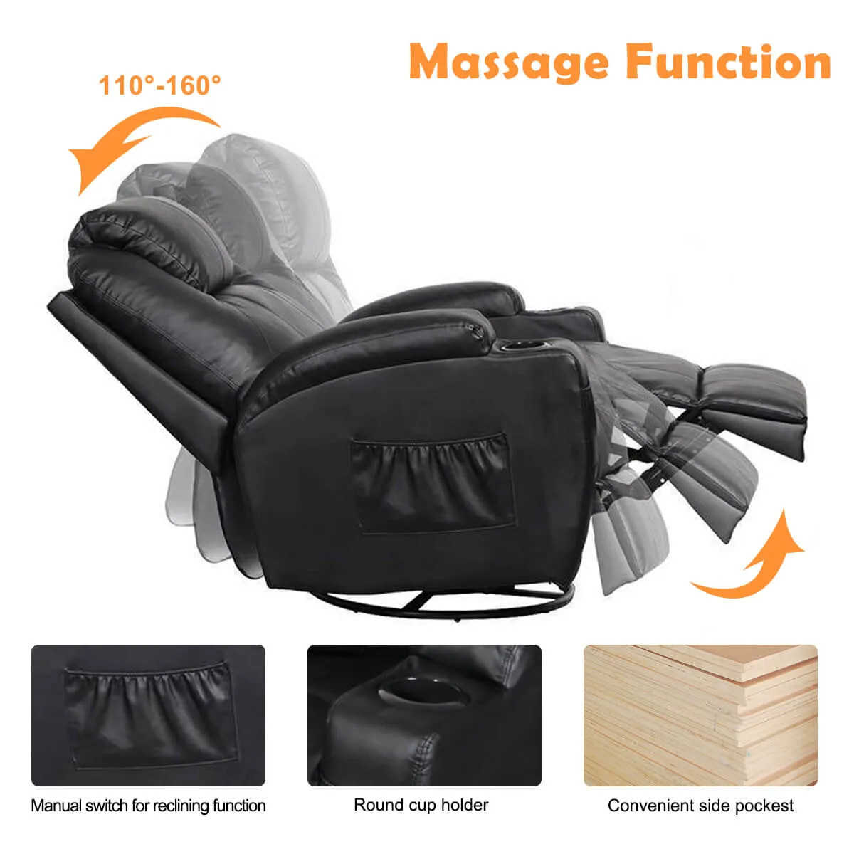 Massage Recliner Chair Faux Leather Ergonomic Lounge Heated Chair, Black