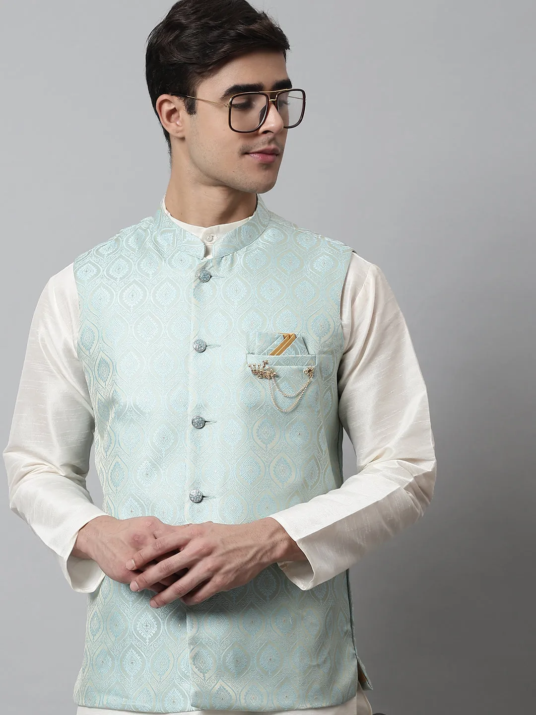 Men'S Sky Blue Woven Design Waistcoats