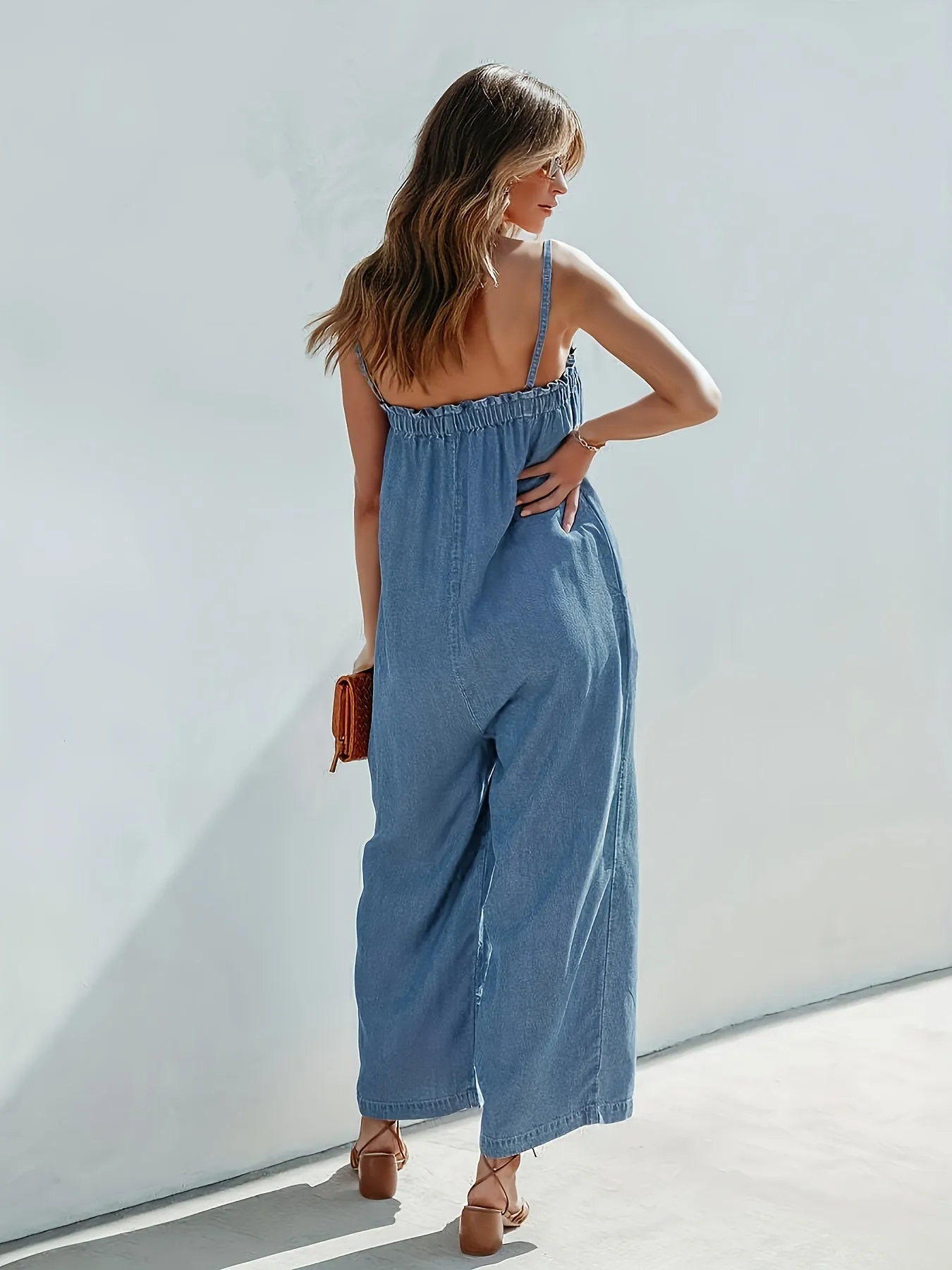 Plain Washed Blue Spaghetti Strap Loose Fit Vacay Style Denim Overalls Dungarees, Women's Denim Jeans & Clothing