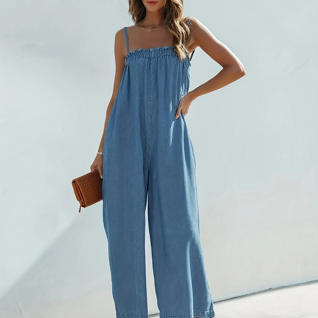 Plain Washed Blue Spaghetti Strap Loose Fit Vacay Style Denim Overalls Dungarees, Women's Denim Jeans & Clothing