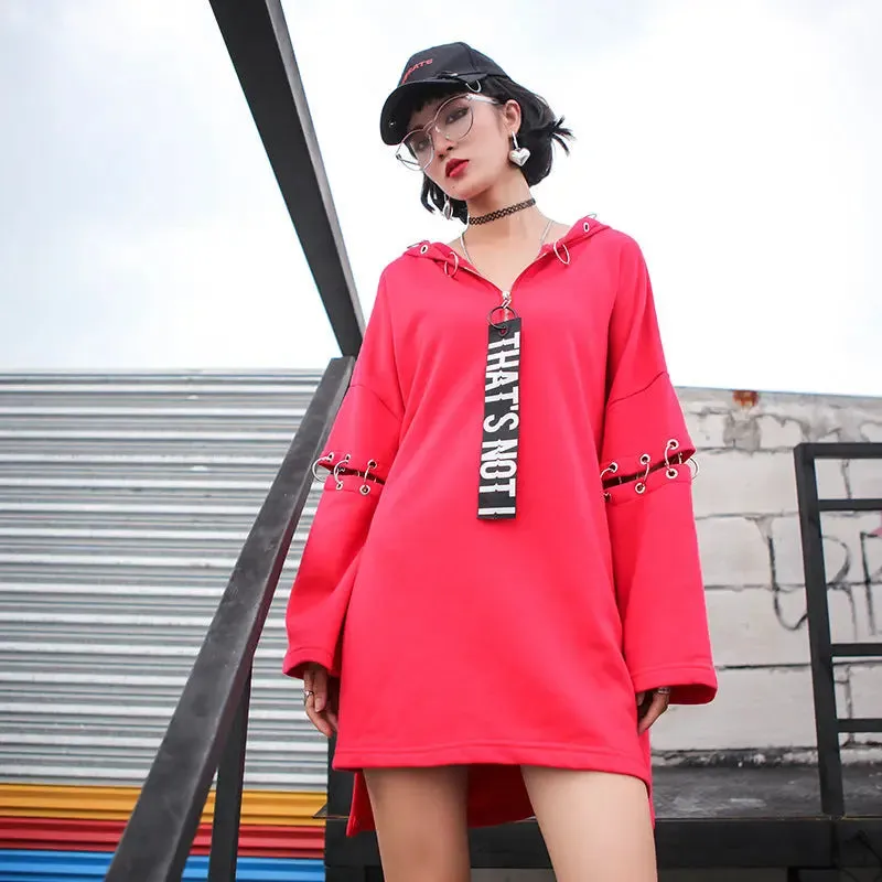 Punky Metal Ring Long Hoodie Dress